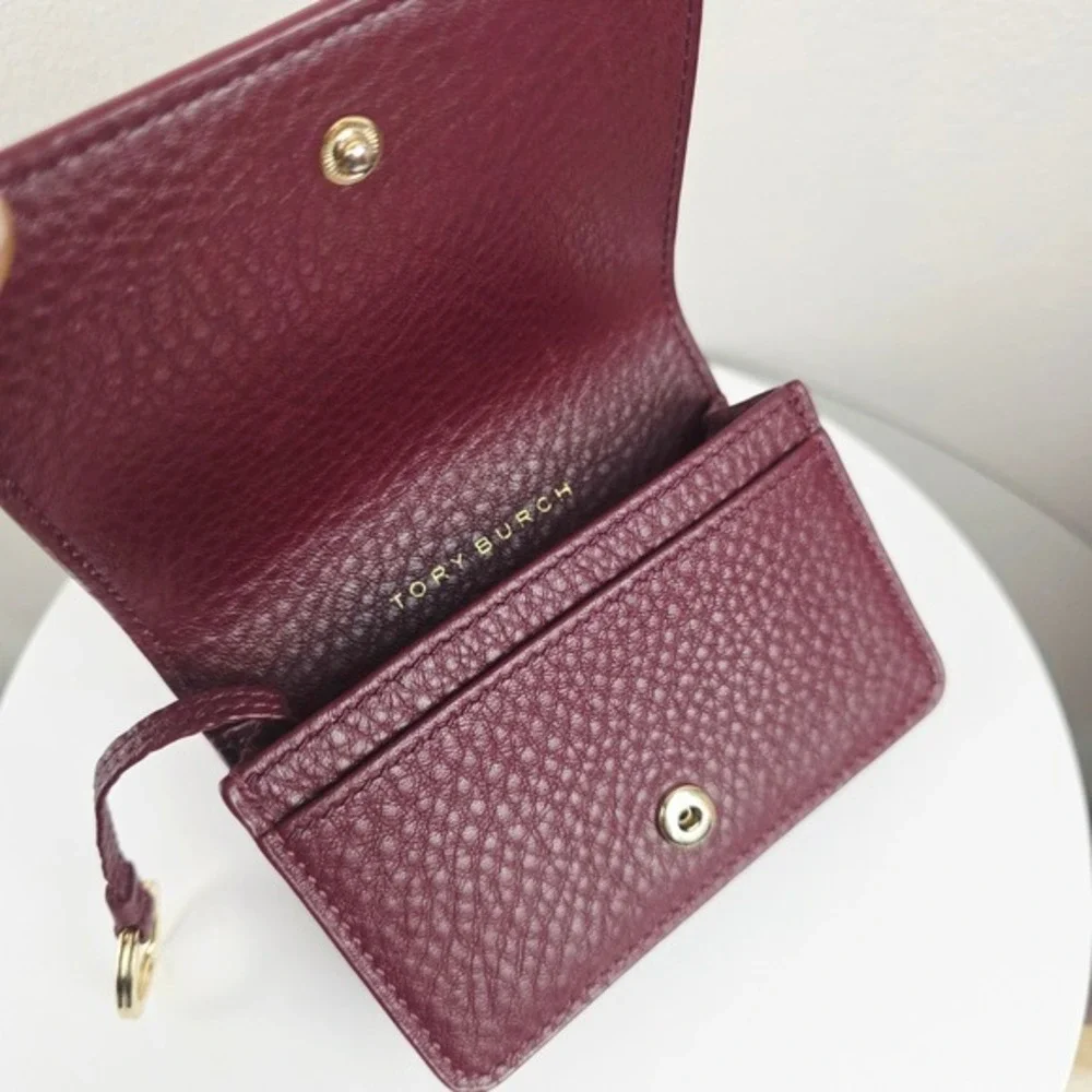 Tory Burch Bryant Quilted Leather Card Key Case Wallet Pouch Burgundy Medallion